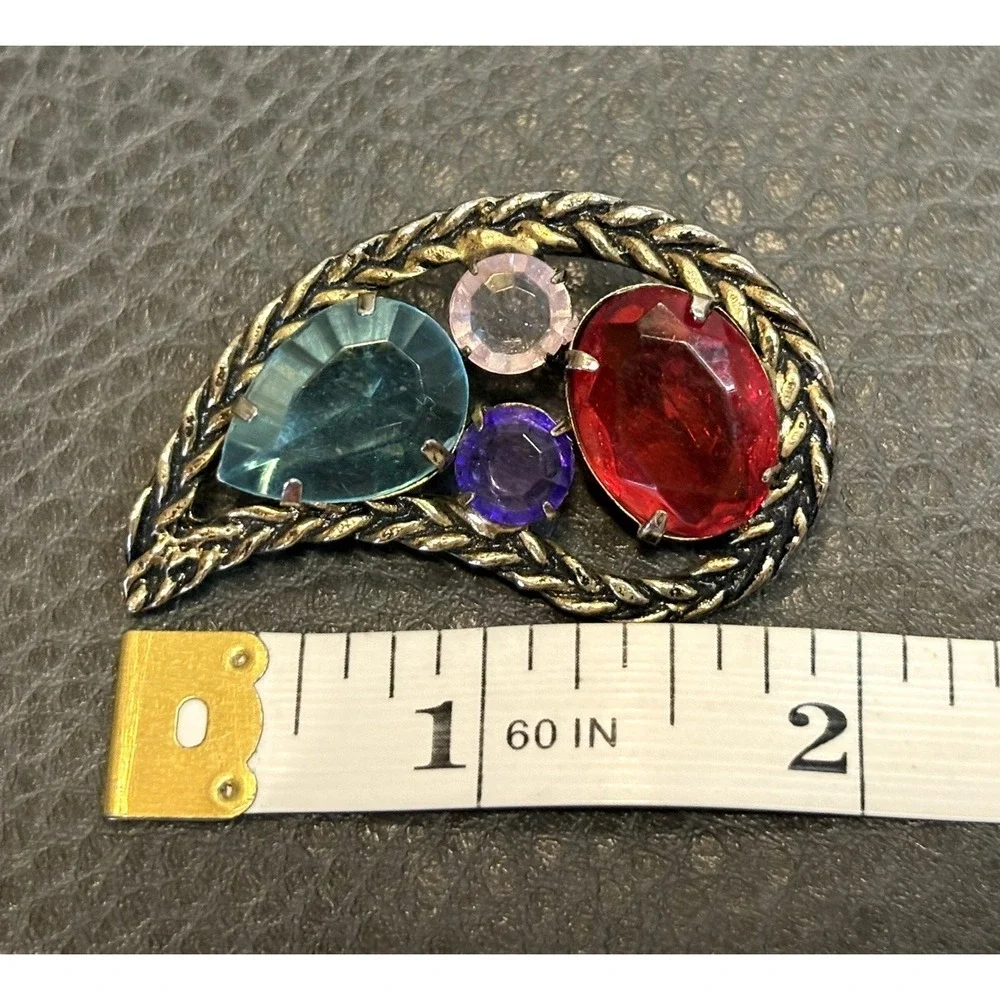 Vintage Paisley Brooch Pin Red Purple Blue Pink Chunky Rhinestones 80s Runway